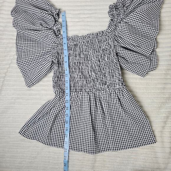 Smocked Gingham Boho Top Black & White Butterfly Sleeve Blouse Size S/M Milkmaid - Picture 10 of 10